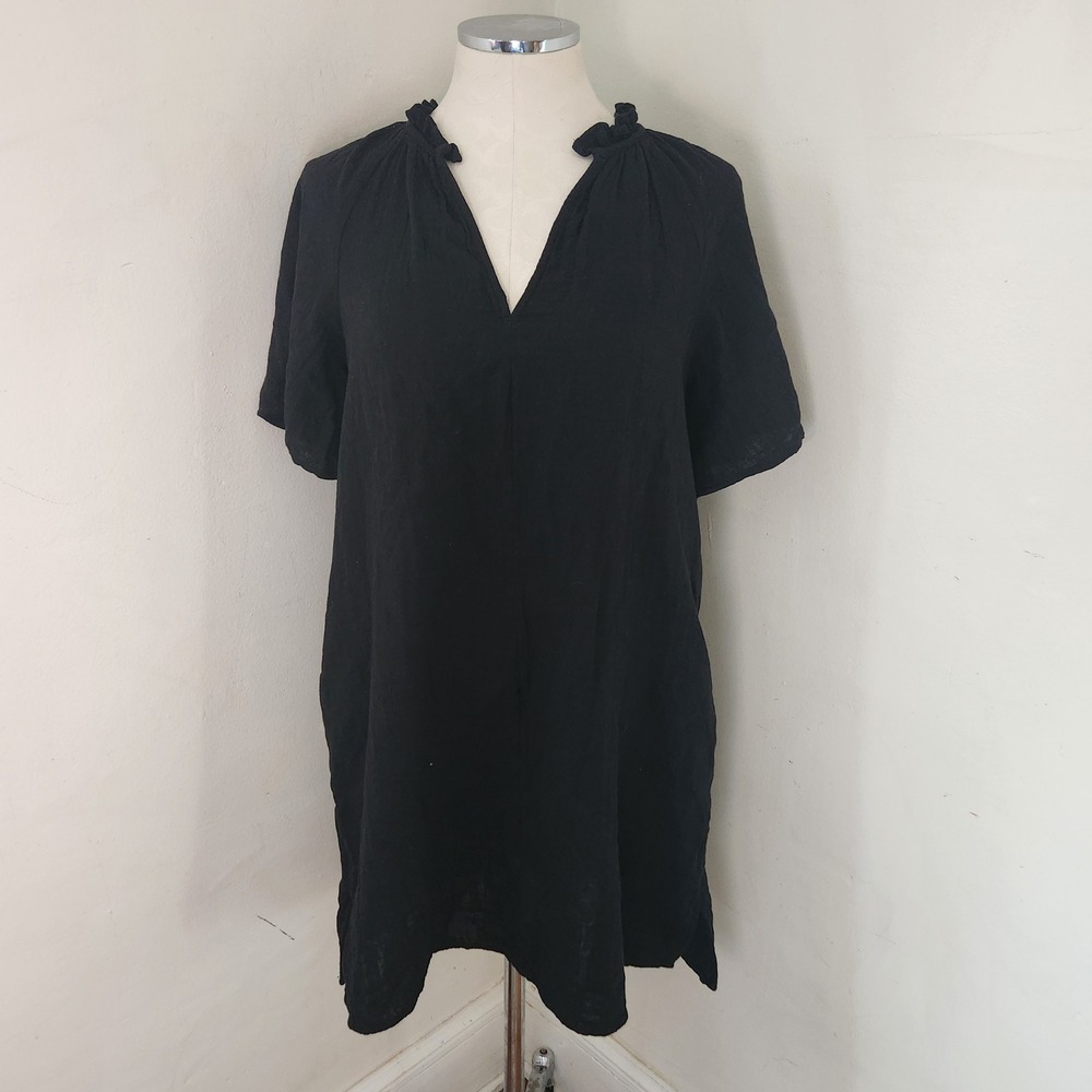 Old Navy‎ Black V Neck Ruffle Neck Short Sleeve Tunic Dress Size S Cotton